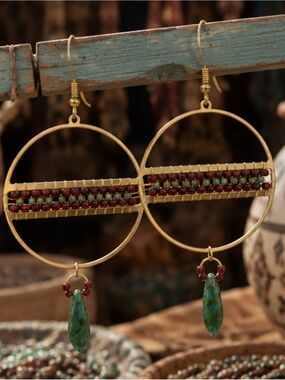 Gold Hoop Earrings with Green Teardrop and Red-Green Beaded Band